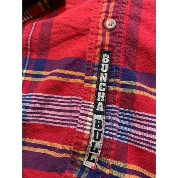 PANHANDLE SLIM Button Down Shirt-Red Long Sleeve Rough Stock Vintage Small Plaid - Picture 4 of 6